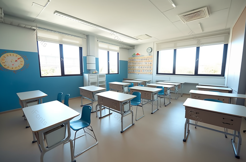 蓝色空教室墙壁桌椅有序排列摄影图,高清,摄影图,摄影图片,图片大全,摄影图免费下载